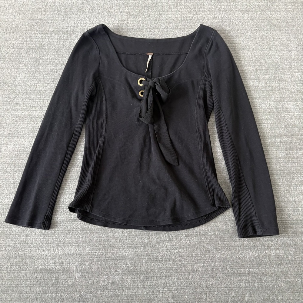 Free People Top Women M Black Lace Up Long Sleeve Scoop Neck Boho Whimsigoth